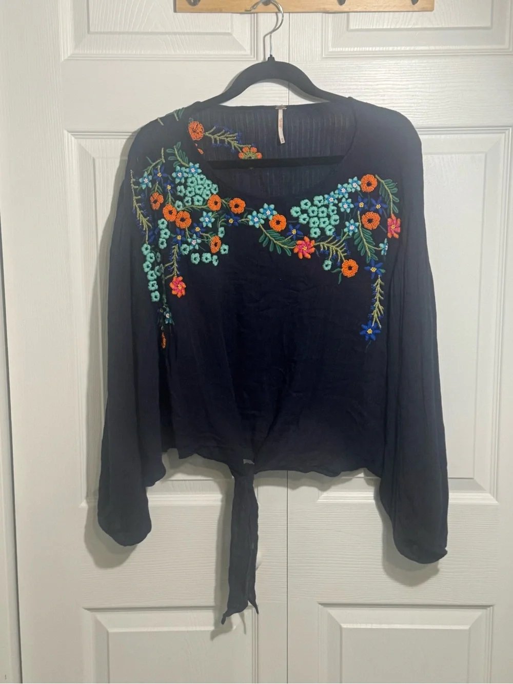 Free People Navy Embroidered Floral Tie-Front Blouse